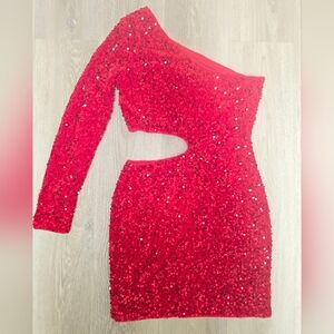 No Brand Red Sequin One-Shoulder Cutout Dress